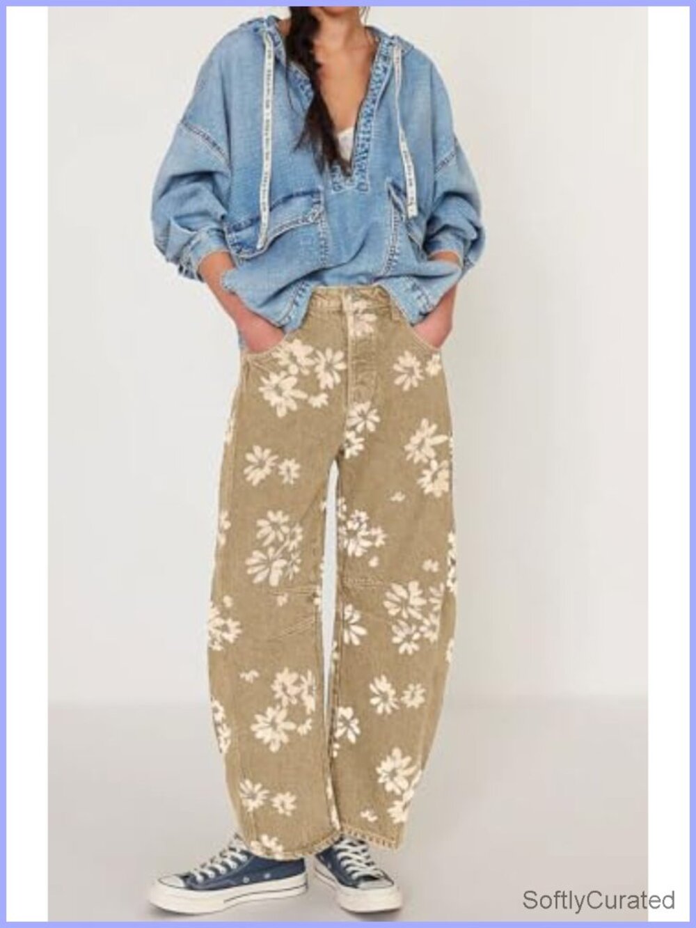 Distressed Barrel Jeans Baggy Wide Leg Floral Printed Patchwork Denim Pants - Picture 2 of 6